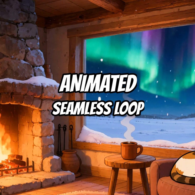 Cozy Cabin Fireplace Cat Aurora Animated Background for Vtuber Background · 1080p MP4 image 1
