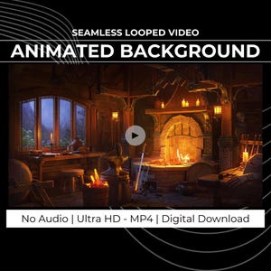 Może przedstawiać: Animowane wideo w tle przedstawiające średniowieczne wnętrze z kominkiem, świecami i oknem. Scena zawiera tekst "SEAMLESS LOOPED VIDEO ANIMATED BACKGROUND" i "No Audio | Ultra HD - MP4 | Digital Download".