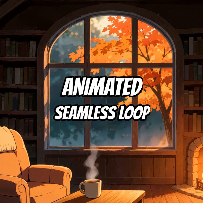 Gemütliches Herbst-Bibliotheksfenster mit Kamin – Live-Hintergrundbild für VTuber · 1080p MP4 Bild 1