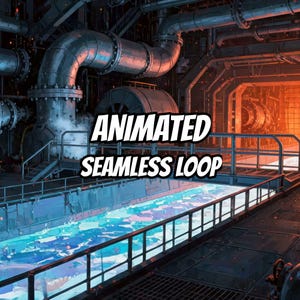 Op de afbeelding: Een digitale illustratie van een industriële faciliteit met grote metalen buizen, een gloeiend oranje ovenruimte en een felblauw vloeistofkanaal. De tekst ANIMATED SEAMLESS LOOP staat gecentreerd in dikke witte letters op de donkere machines.