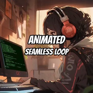 May include: An anime-style illustration of a person wearing red headphones while typing on a computer keyboard. The monitor displays green lines of code. The text "ANIMATED SEAMLESS LOOP" is overlaid in the center of the image in bold white letters.