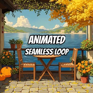 Peut inclure: Une terrasse avec deux chaises en bois et une table ronde surplombant un lac, avec des plantes en pot, des citrouilles orange et un feuillage d'automne jaune. Le texte "ANIMATED SEAMLESS LOOP" est centré au premier plan sur la vue du lac.