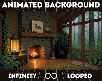 Animated Fireplace Background: Cozy Cabin, Rustic Forest (Digital Download)