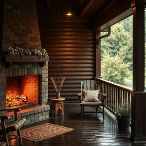 Fond animé pour le streaming : cheminée de chalet confortable et fenêtre pluvieuse · 1080p MP4 image 2