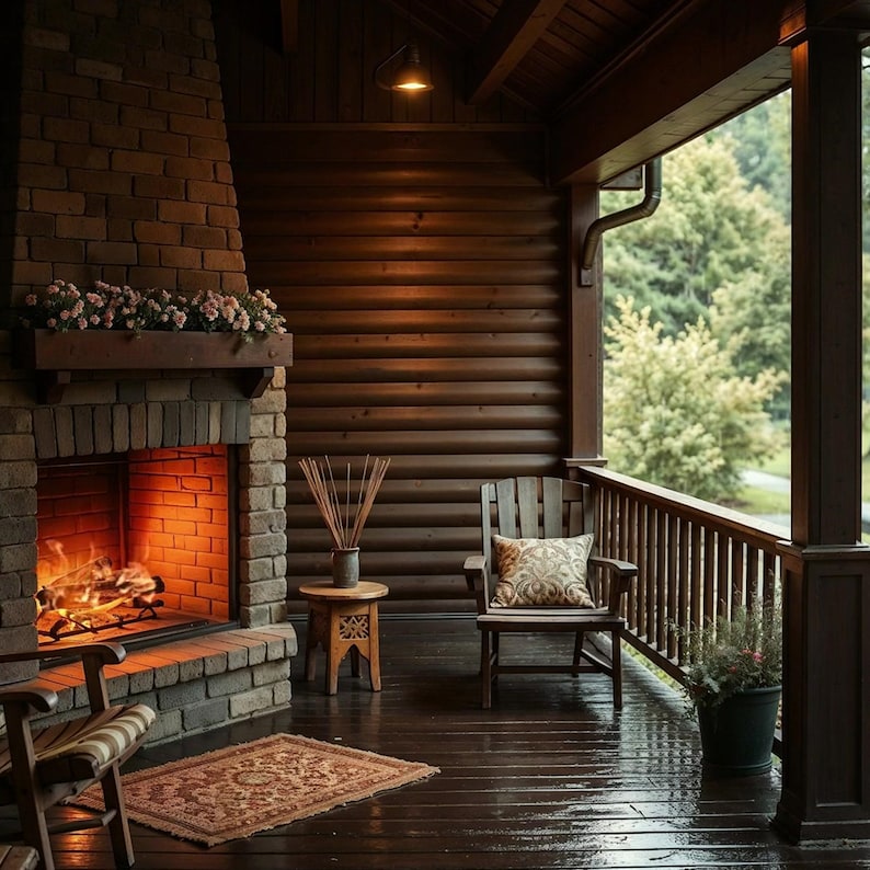 Fond animé pour le streaming : cheminée de chalet confortable et fenêtre pluvieuse · 1080p MP4 image 2