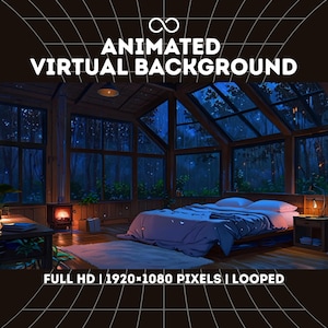 Puede incluir: Imagen de fondo virtual animada que muestra una habitación con una cama, una chimenea y ventanas que dan a un bosque. Se muestra el texto "ANIMATED VIRTUAL BACKGROUND" y "FULL HD | 1920*1080 PIXELS | LOOPED".