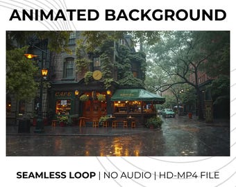 雨の街カフェのアニメーション背景 | Zoom、ストリーミング、バーチャルコール用の居心地の良い街のシームレスループHDビデオ | Atmospheric Digital Download