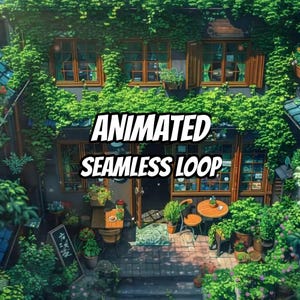 May include: A digital illustration of a two-story building facade covered in lush green vines, featuring multiple windows, a central doorway, and an outdoor seating area with tables and chairs. The text ANIMATED SEAMLESS LOOP is centered.