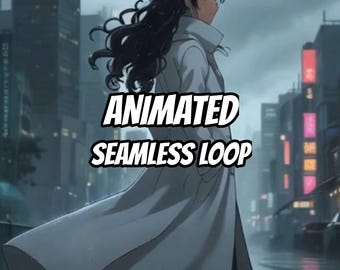 Solitary Anime Woman White Coat Rainy Urban Street Animated Background · 1080p MP4