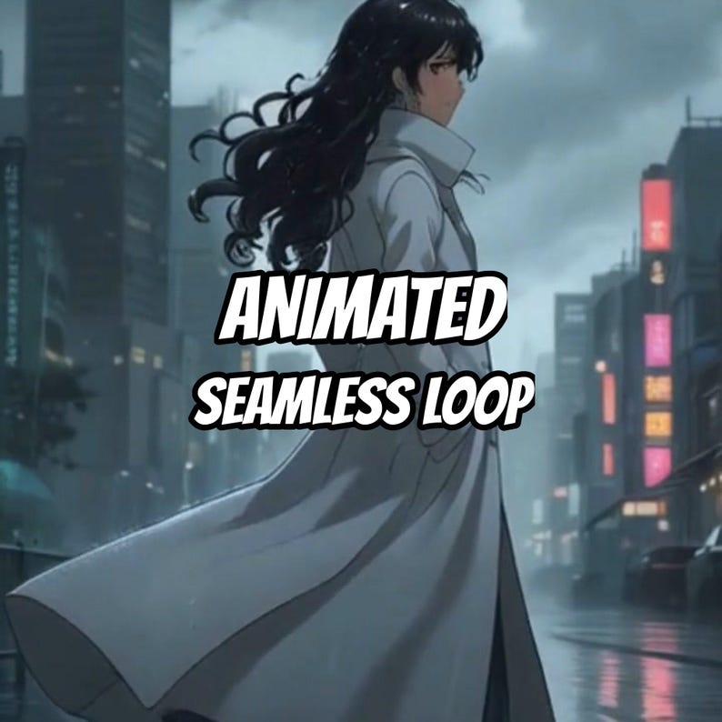 Solitary Anime Woman White Coat Rainy Urban Street Animated Background · 1080p MP4 image 1