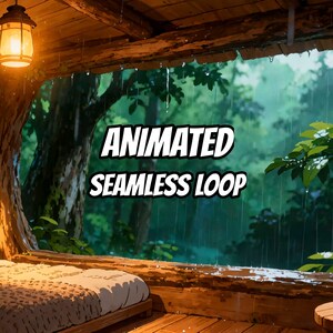 May include: A digital illustration of a wooden porch overlooking a rainy forest scene. A warm glowing lantern hangs from the ceiling. The text ANIMATED SEAMLESS LOOP is centered in the middle. The scene features a bed with a textured blanket.