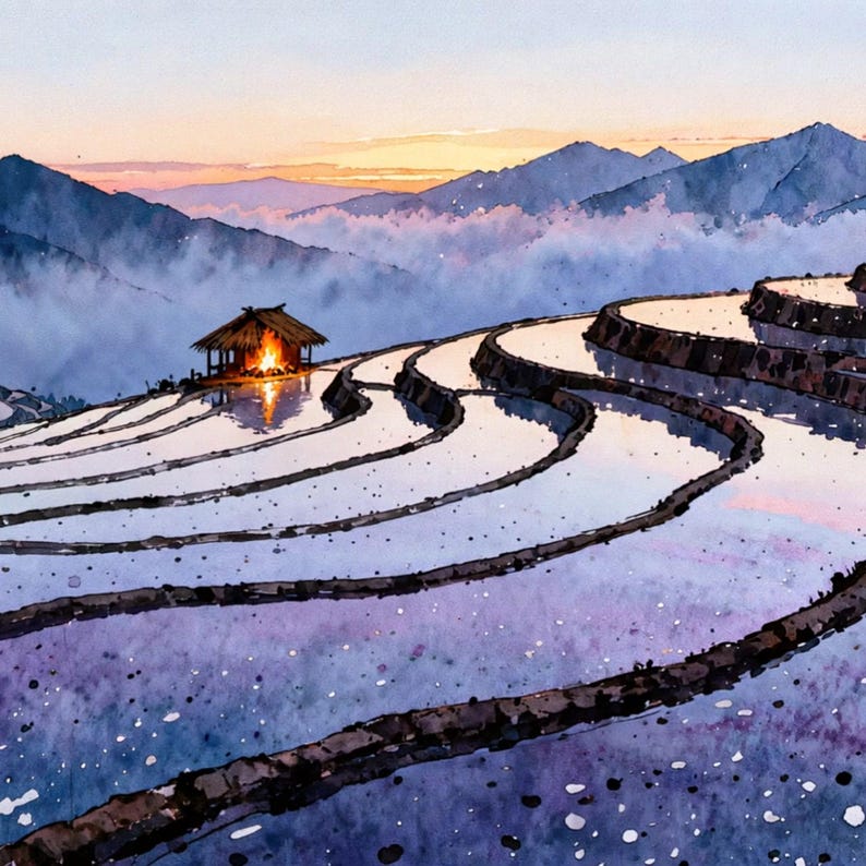 Animierter Aquarell-Hintergrund mit Reisterrassen bei Sonnenuntergang für VTuber-Streams · 1080p MP4 Bild 2