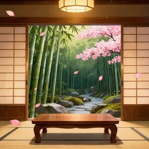 Fond animé d'une pièce japonaise donnant sur une forêt de bambous et de cerisiers en fleurs, idéal pour les créateurs de contenu · 1080p MP4 image 2
