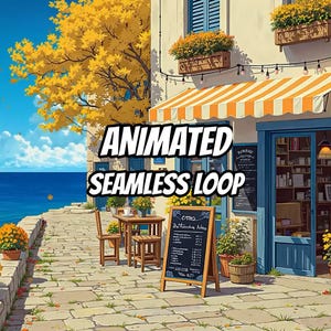 Lofiアニメの海辺のカフェのアニメーション背景（Lofi動画用） · 1080p MP4