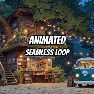 May include: A two-story wooden treehouse library with a staircase, filled with bookshelves and plants, illuminated by string lights. A teal and white Volkswagen van is parked nearby. The text "ANIMATED SEAMLESS LOOP" is centered in the image.