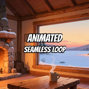 May include: A digital illustration of a cosy room with a stone fireplace, a wooden table, and a steaming mug. A large window overlooks a snowy landscape at sunset. The text "ANIMATED SEAMLESS LOOP" is centred in the middle of the image.