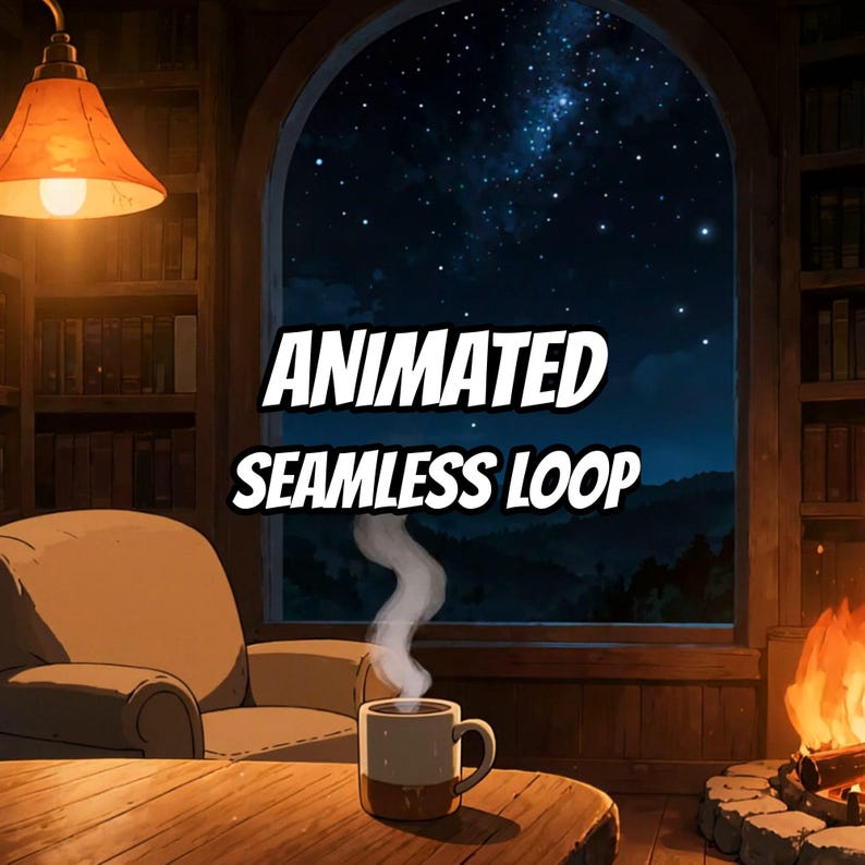 Fond animé de cheminée sous un ciel étoilé, ambiance chaleureuse, idéal pour les créateurs de contenu · 1080p MP4 image 1