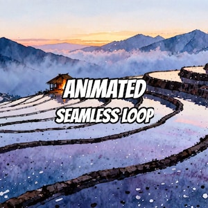 Animierter Aquarell-Hintergrund mit Reisterrassen bei Sonnenuntergang für VTuber-Streams · 1080p MP4 Bild 1