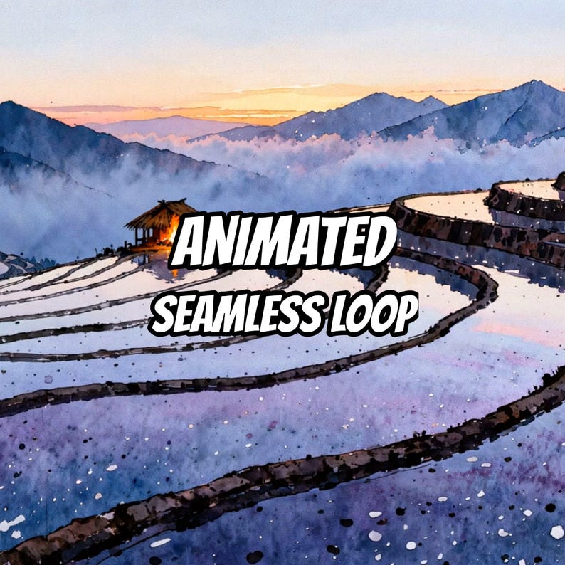 Animierter Aquarell-Hintergrund mit Reisterrassen bei Sonnenuntergang für VTuber-Streams · 1080p MP4 Bild 1
