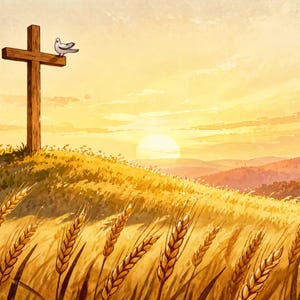Fondo animado de campo con cruces y puesta de sol dorada para Lofi · MP4 1080p imagen 2