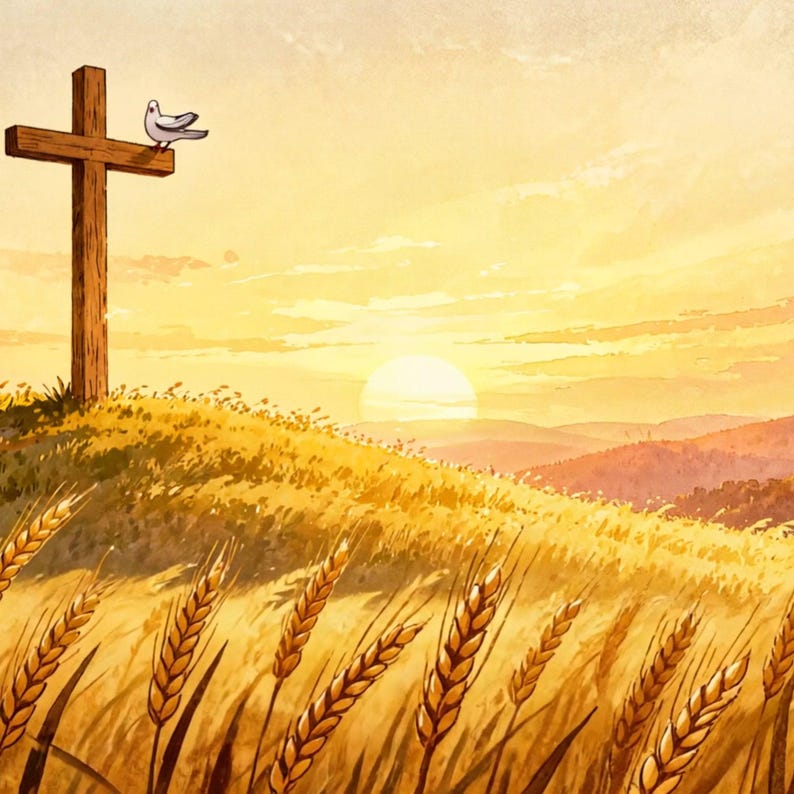 Fondo animado de campo con cruces y puesta de sol dorada para Lofi · MP4 1080p imagen 2