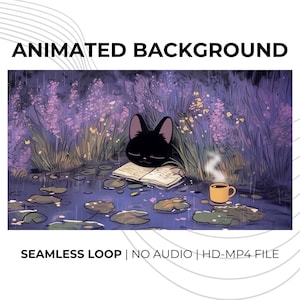 Könnte beinhalten: Animierter Hintergrund mit einer schwarzen Katze, die sich auf einem offenen Buch in einem Teich mit Seerosen ausruht. Eine dampfende Kaffeetasse ist zu sehen. Der Text lautet "ANIMATED BACKGROUND" und "SEAMLESS LOOP | NO AUDIO | HD-MP4 FILE."