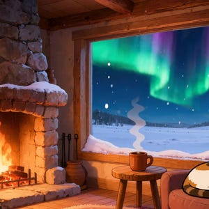 Cozy Cabin Fireplace Cat Aurora Animated Background for Vtuber Background · 1080p MP4 image 2
