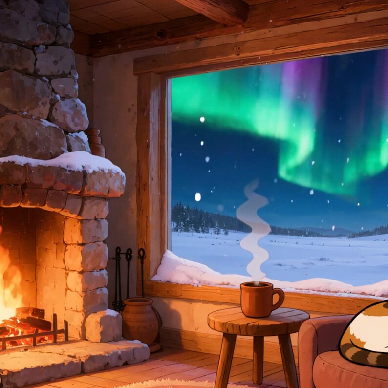 Cozy Cabin Fireplace Cat Aurora Animated Background for Vtuber Background · 1080p MP4 image 2