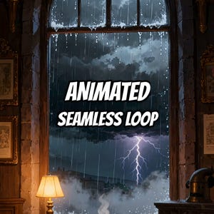 May include: An arched window view of a dark, stormy night with heavy rain and a bright lightning bolt striking in the distance. The text ANIMATED SEAMLESS LOOP is centered in white with a black outline over the rainy night sky scene.