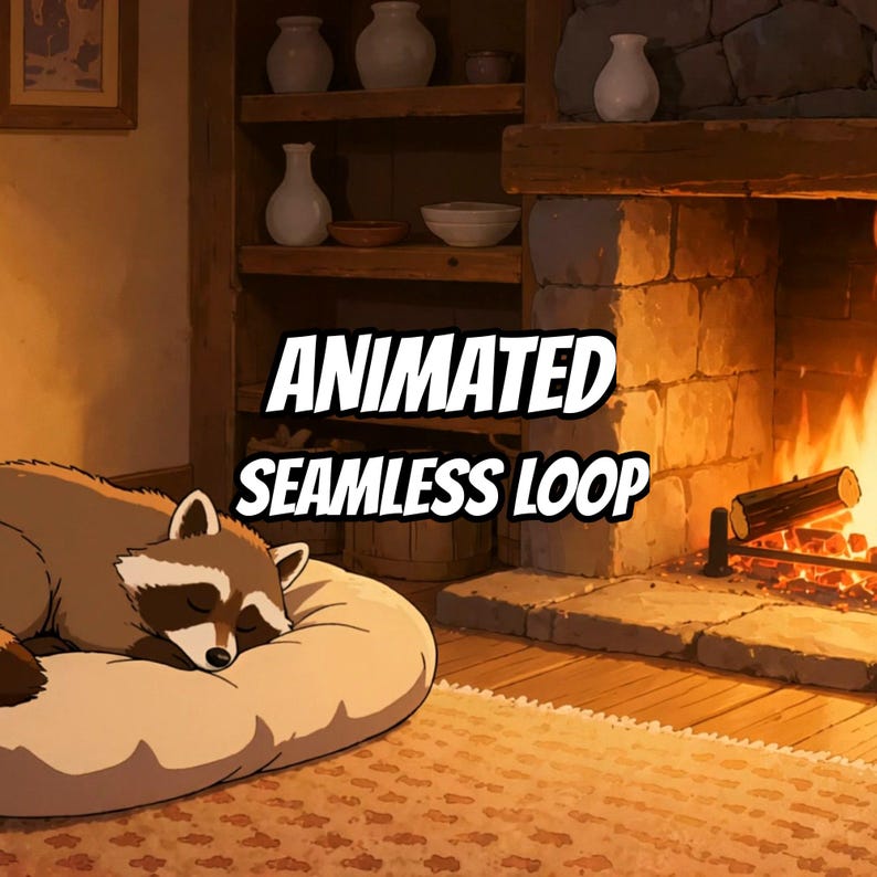 Cozy Raccoon Fireplace Sleeping Live Wallpaper for Focus and Study · 1080p MP4 image 1