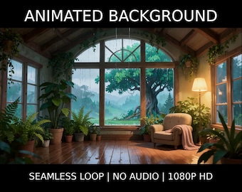 Cozy Rainy Solarium with Lush Plants Animated Background for Lofi Videos · 1080p MP4