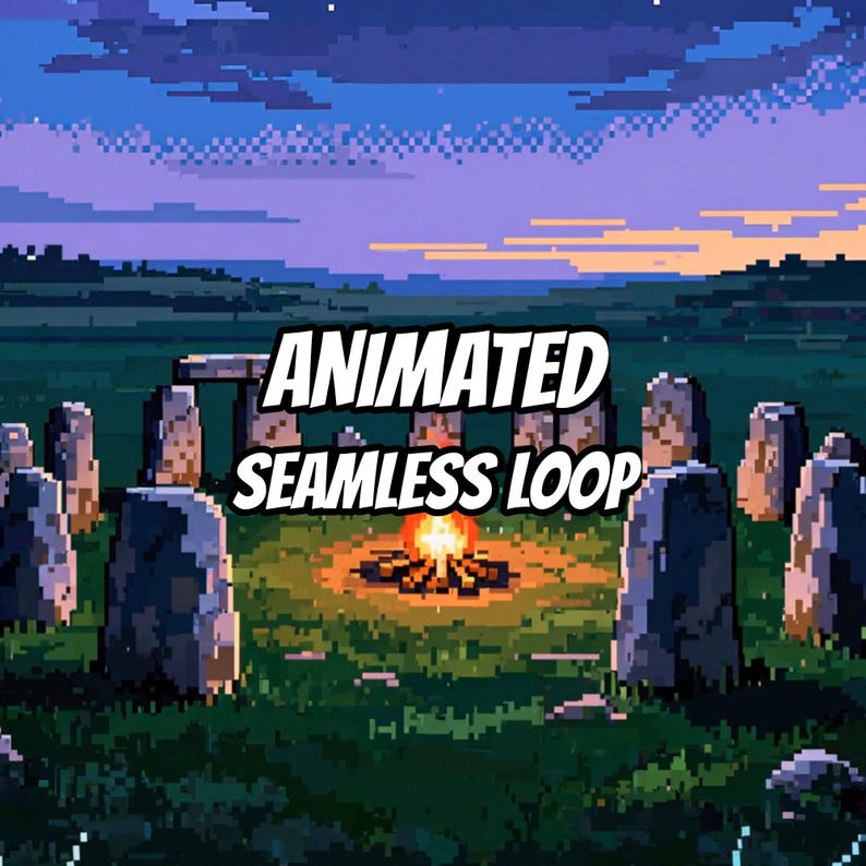 Pixel Art Stone Circle Bonfire Animated Background for VTubers · 1080p MP4 image 1