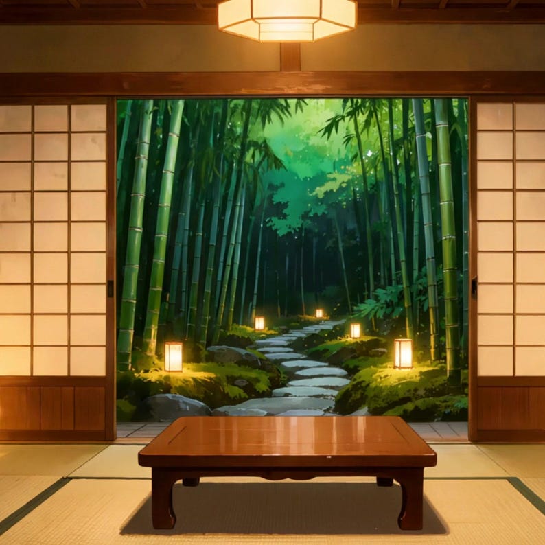 Habitación japonesa con vistas a un sendero de bosque de bambú con faroles. Fondo de pantalla animado para OBS Streaming · 1080p MP4 imagen 2