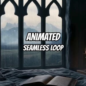 Könnte beinhalten: Ein aufgeschlagenes Buch liegt auf einer strukturierten blauen Decke vor einem großen Bogenfenster. Regentropfen sind auf dem Glas zu sehen, mit Blick auf eine neblige Berglandschaft. Der Text ANIMATED SEAMLESS LOOP ist weiß zentriert.