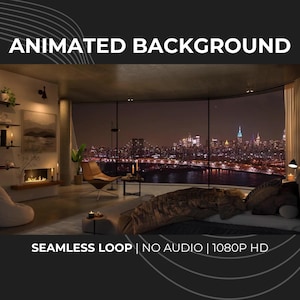 Peut inclure: Scène d'intérieur avec une grande fenêtre donnant sur une ligne d'horizon urbaine la nuit. La pièce comprend un lit, une chaise, une cheminée et le texte "ANIMATED BACKGROUND" et "SEAMLESS LOOP | NO AUDIO | 1080P HD".