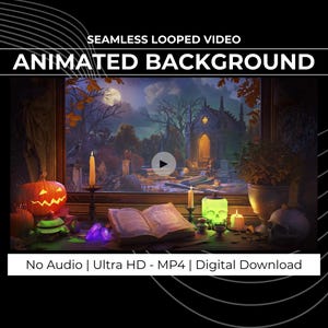 以下が含まれることがあります： ハロウィーンをテーマにしたアニメーション背景。彫刻されたカボチャ、ろうそく、骸骨、開いた本が特徴です。背景には満月と教会のある墓地が描かれています。テキストは「SEAMLESS LOOPED VIDEO ANIMATED BACKGROUND」と表示されています。