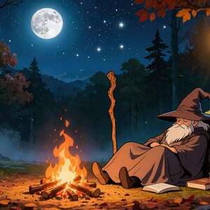 Animierter Hintergrund „Mondbeschienener Wald, Lagerfeuer, Zauberer“ für VTuber · 4K + 1080p MP4 Bild 2