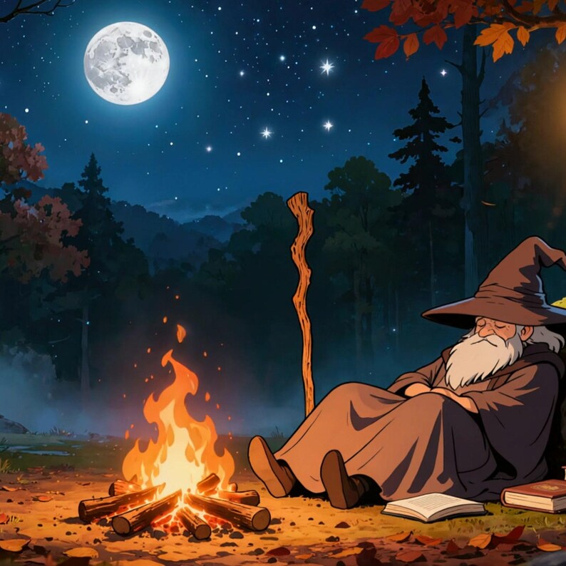 Animierter Hintergrund „Mondbeschienener Wald, Lagerfeuer, Zauberer“ für VTuber · 4K + 1080p MP4 Bild 2