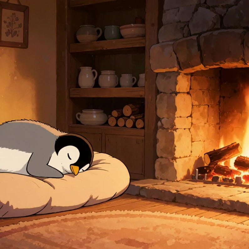 Cozy Fireplace Room Sleeping Penguin Live Wallpaper for Focus and Study · 1080p MP4 image 2