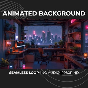 Cyberpunk Office VTuber Animated Background Loop | 1080p Twitch YouTube OBS Stream Asset | Neon City Night Workspace Setup
