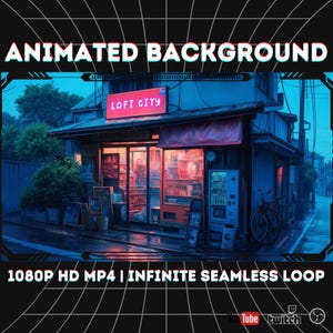 以下が含まれることがあります： ネオンで照らされたお店のアニメーション背景で、「LOFI CITY」と書かれた看板があります。画像は1080p HD MP4形式のシームレスループです。背景にはYouTubeとTwitchのロゴが付いたグリッドオーバーレイがあります。