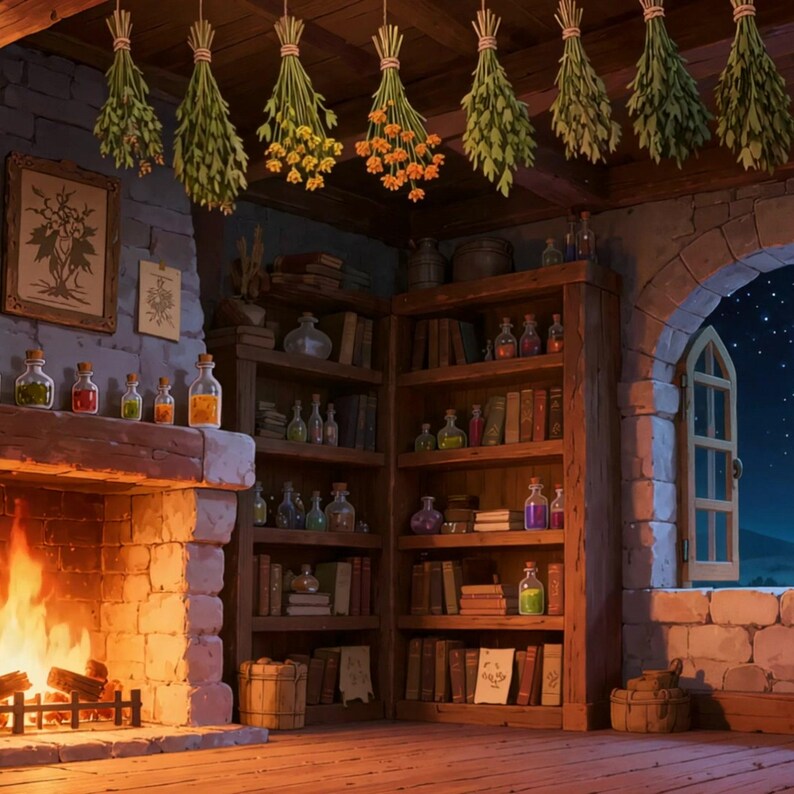 Alchemist Fireplace Northern Lights Animated Background for Lofi Videos · 1080p MP4 afbeelding 2