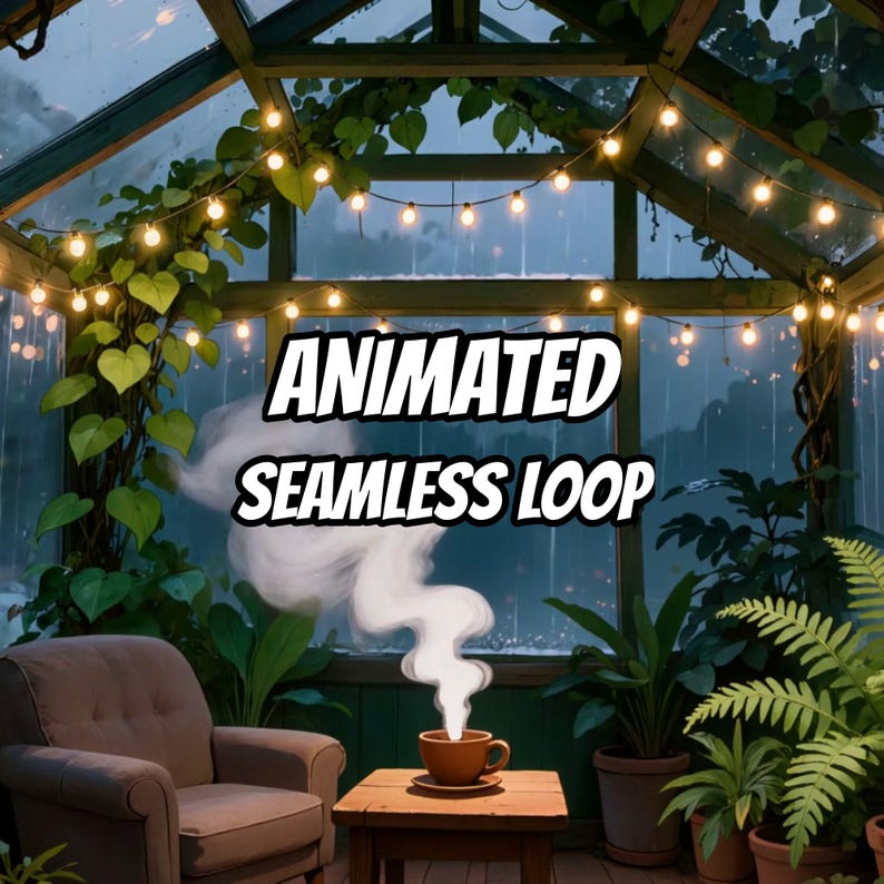 Cozy Rainy Greenhouse String Lights Animated Wallpaper for Zoom Calls · 4K + 1080p MP4 image 1
