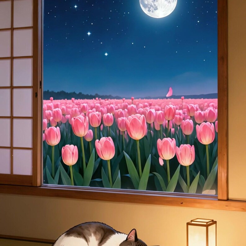 Schlafende Katze, Fensterblick, rosa Tulpen, Mond – Vertikaler Hintergrund für Lofi und Lernen · 1080p MP4 Bild 2