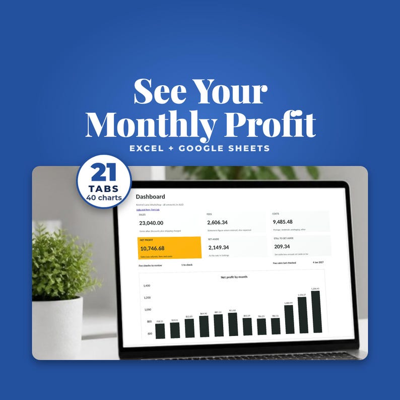Small Business Bookkeeping Spreadsheet with Monthly Profit and Fee Dashboard