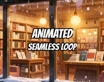 Gemütlicher Winter-Buchhandlungsschaufenster-Hintergrund (animiert) für VTuber-Streams · 1080p MP4