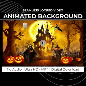 Może przedstawiać: Animowane tło na Halloween z nawiedzonym domem, świecącymi dyniami i pełnią księżyca. Scena zawiera stracha na wróble, ducha i postać w czarnym płaszczu. Tekst brzmi "SEAMLESS LOOPED VIDEO ANIMATED BACKGROUND".