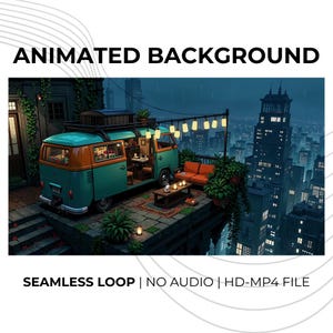 Animated LoFi Rooftop Camper Van Rainy City Background | Seamless Loop HD MP4 Video for Zoom, Streaming, Study