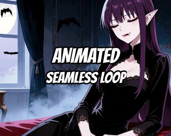 Puede incluir: Una ilustración de estilo anime de un vampiro con largo cabello púrpura y orejas puntiagudas, vistiendo un vestido negro con encaje. El texto "ANIMATED SEAMLESS LOOP" está centrado sobre el personaje, que se sienta en una superficie roja con murciélagos y una luna llena visibles a través de una ventana al fondo.
