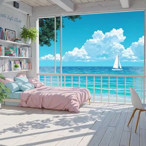 Fond animé de café cosy avec vue sur la plage pour vidéos lo-fi · 1080p MP4 image 2